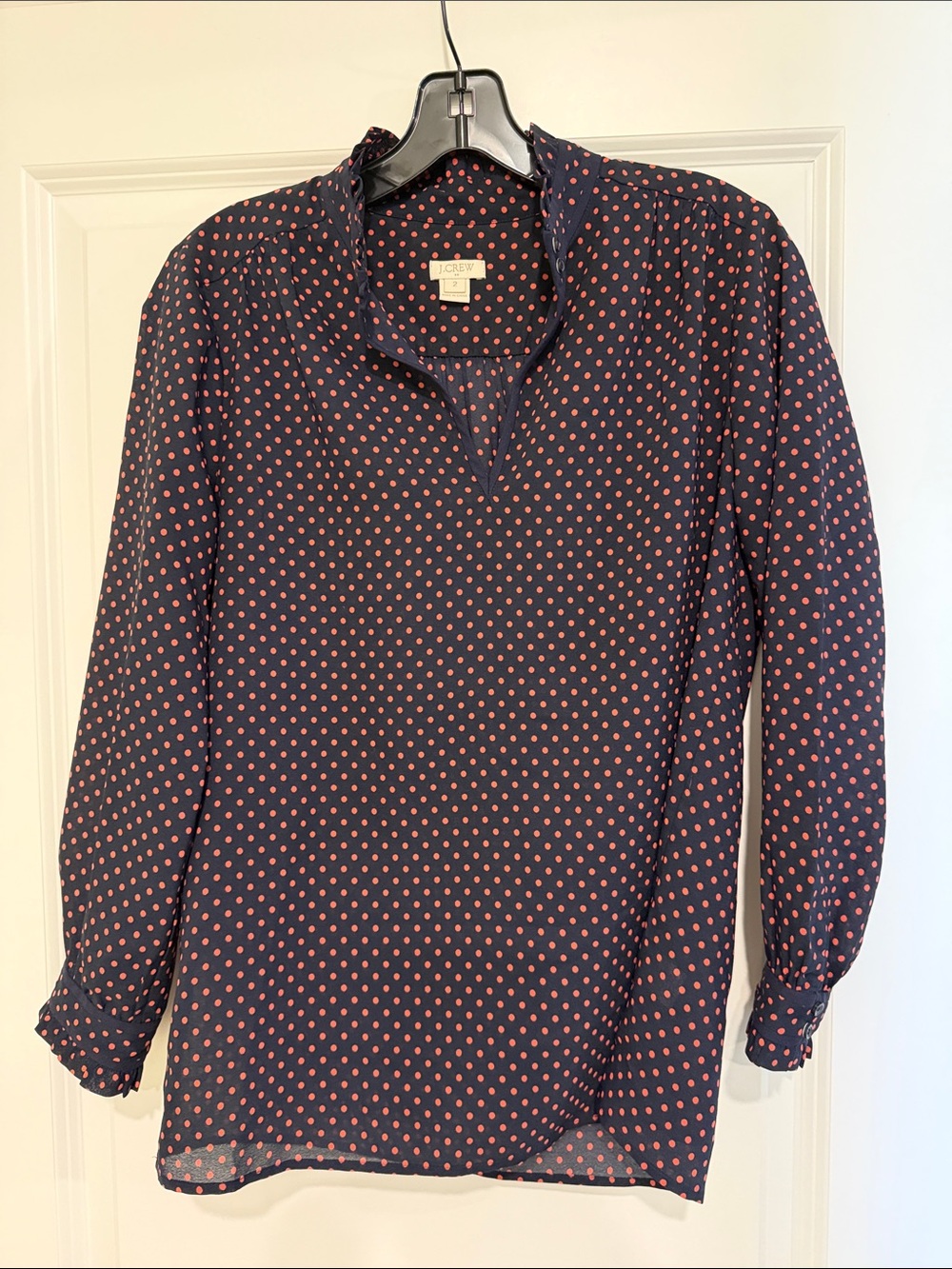 J. Crew Navy Blouse with Coral Dot Print